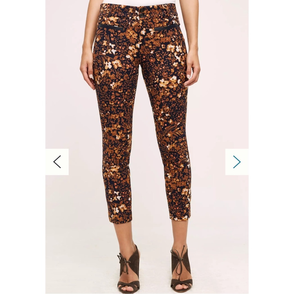 Anthropologie Autumn Fall Floral Essential Slim Cropped Pants Brown 2P